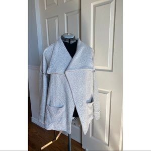 Lucky Brand Blanket Oatmeal Cardigan Sweater with copper and teal stitching.